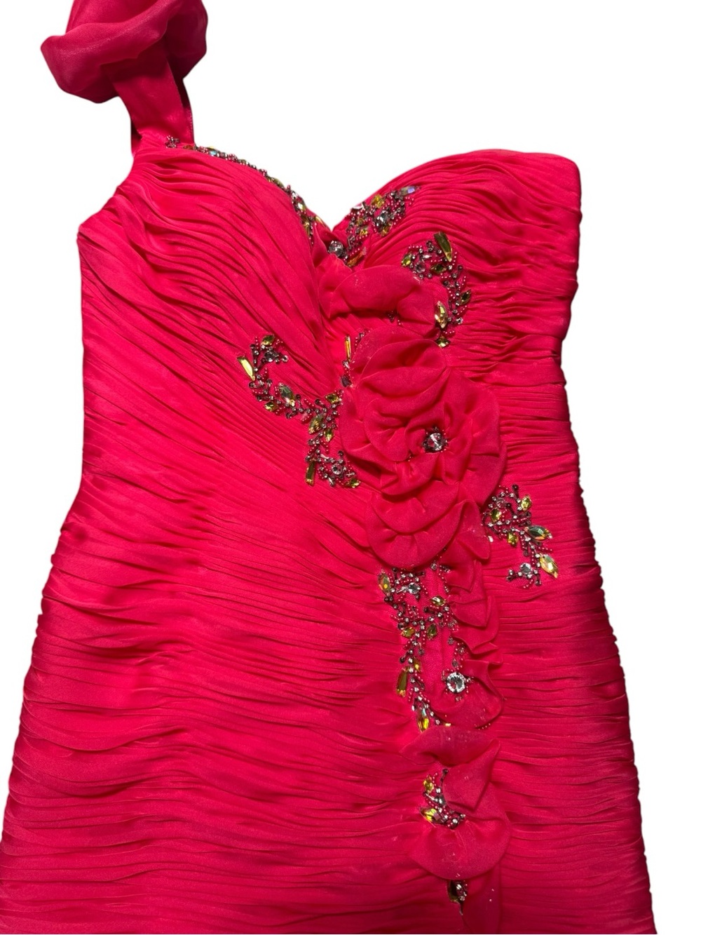 JANIQUE One-Shoulder Hot Pink Ruched Cocktail Dress 4 with Floral Applique - Picture 6 of 10